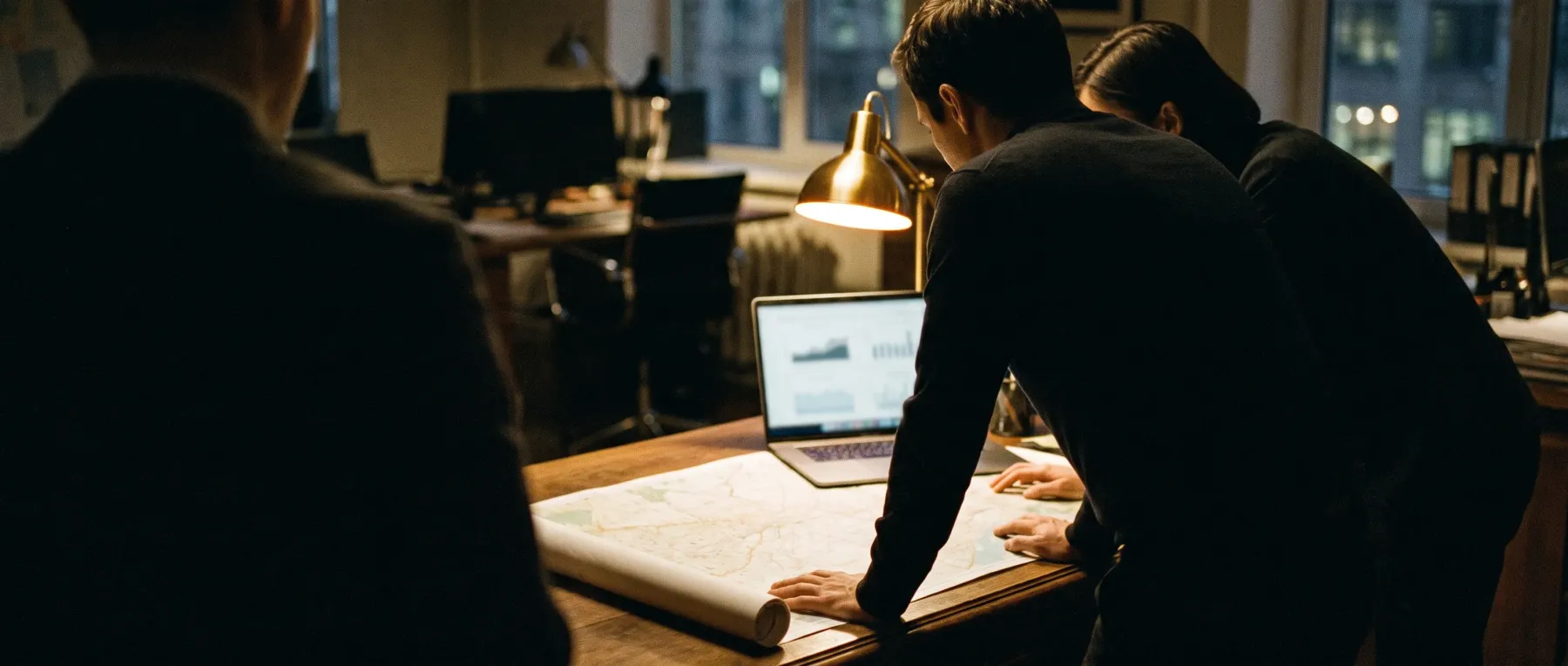 Two people reviewing a printed city map and market data at a desk